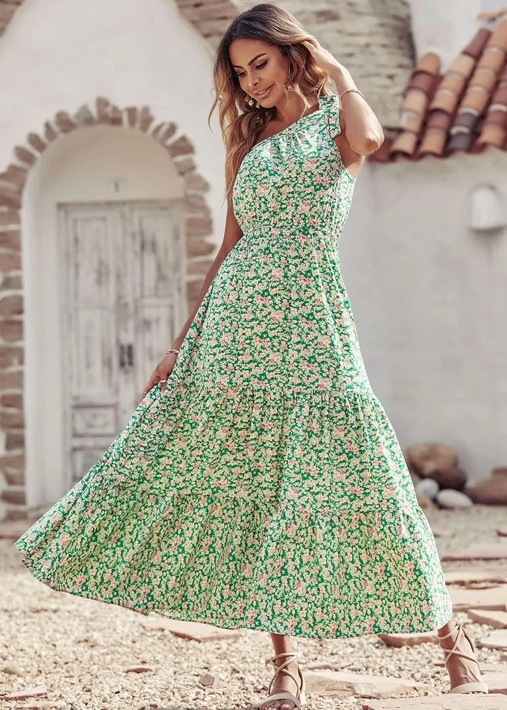 PRETTYGARDEN Women's Summer Floral One Shoulder Maxi Dress Knot Ruffle Boho Beach Vacation Wedding Guest Long Dresses
