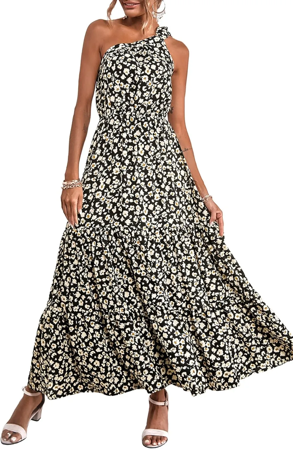 PRETTYGARDEN Women's Summer Floral One Shoulder Maxi Dress Knot Ruffle Boho Beach Vacation Wedding Guest Long Dresses