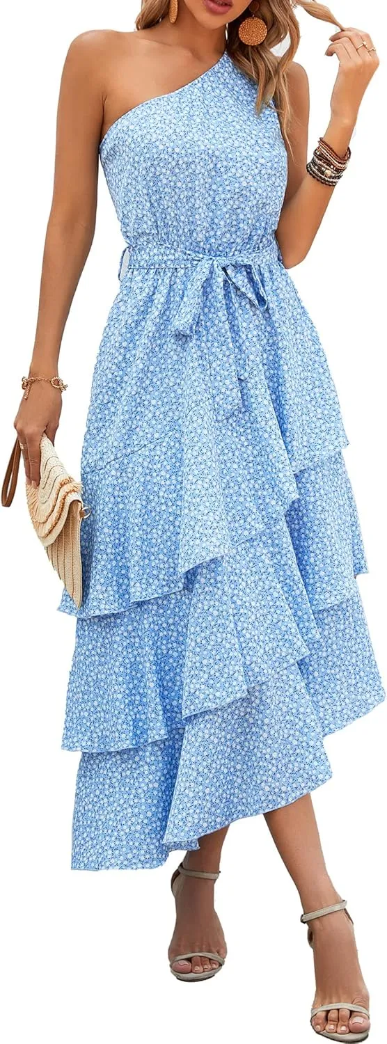 PRETTYGARDEN Women's Summer Floral Sundress Casual One Shoulder Tiered Ruffle Flowy Midi Beach Boho Dresses