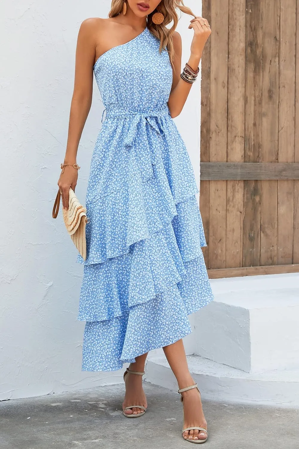 PRETTYGARDEN Women's Summer Floral Sundress Casual One Shoulder Tiered Ruffle Flowy Midi Beach Boho Dresses