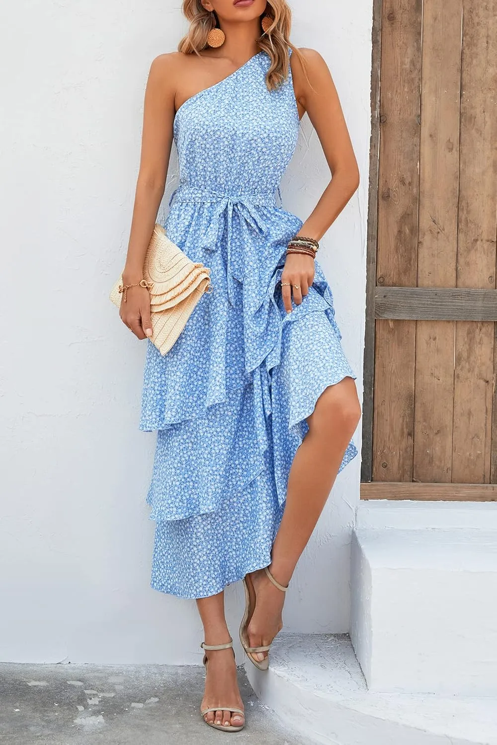 PRETTYGARDEN Women's Summer Floral Sundress Casual One Shoulder Tiered Ruffle Flowy Midi Beach Boho Dresses