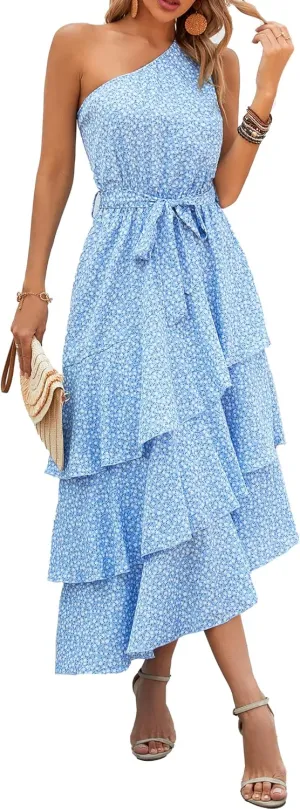 PRETTYGARDEN Women's Summer Floral Sundress Casual One Shoulder Tiered Ruffle Flowy Midi Beach Boho Dresses