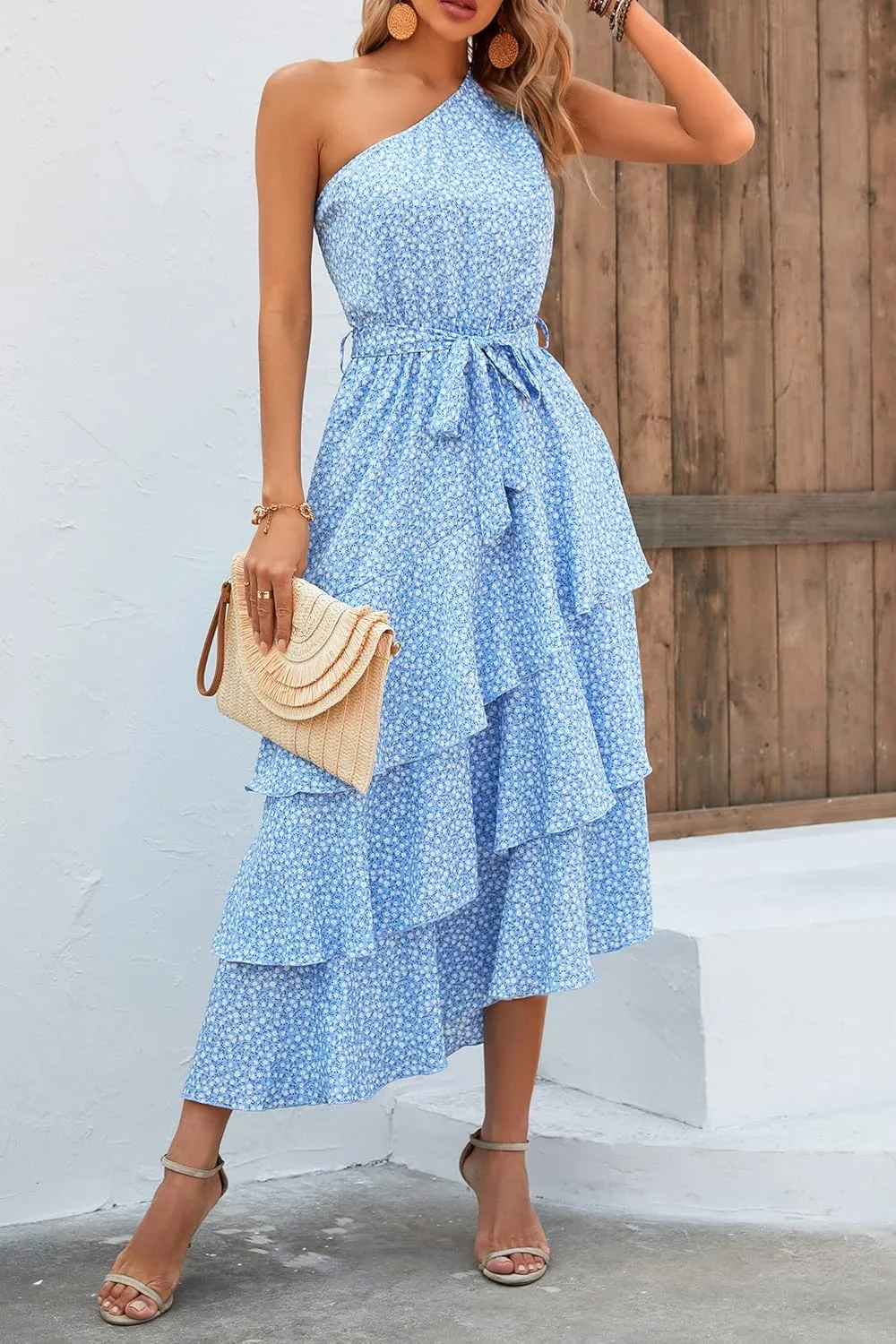 PRETTYGARDEN Women's Summer Floral Sundress Casual One Shoulder Tiered Ruffle Flowy Midi Beach Boho Dresses