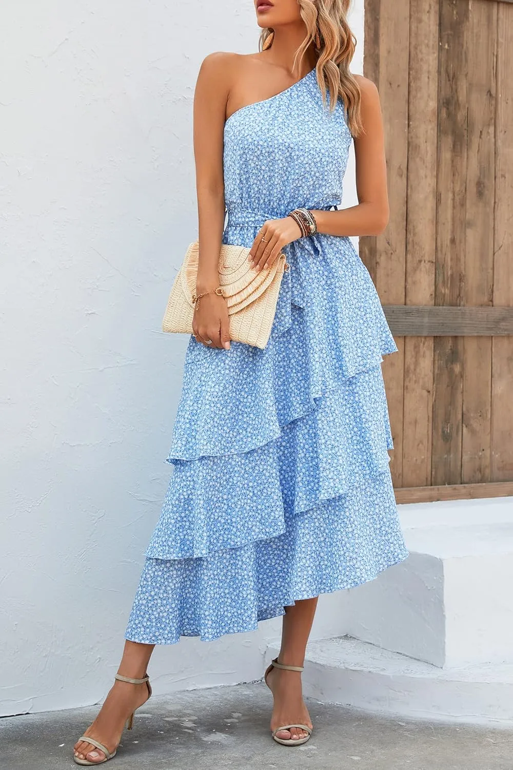 PRETTYGARDEN Women's Summer Floral Sundress Casual One Shoulder Tiered Ruffle Flowy Midi Beach Boho Dresses