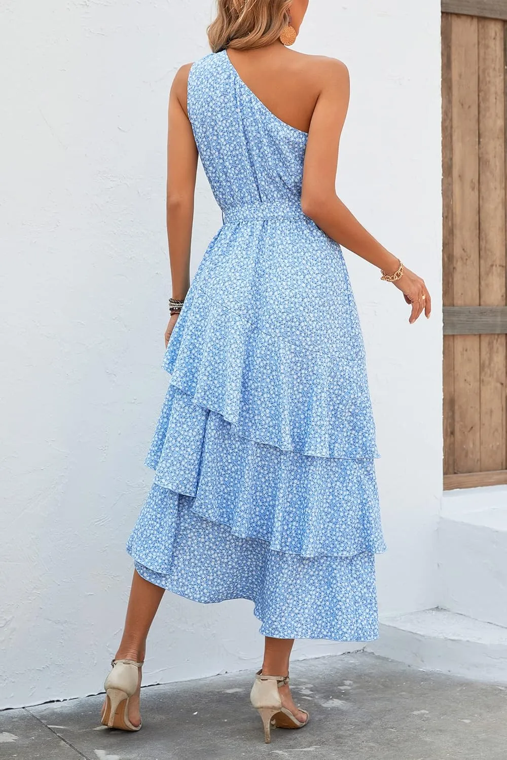 PRETTYGARDEN Women's Summer Floral Sundress Casual One Shoulder Tiered Ruffle Flowy Midi Beach Boho Dresses