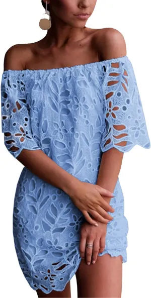 PRETTYGARDEN Women's Summer Off Shoulder Dresses Floral Lace Flare Short Sleeve Spring Vintage Elegant Mini Dress
