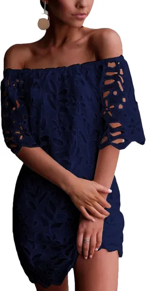 PRETTYGARDEN Women's Summer Off Shoulder Dresses Floral Lace Flare Short Sleeve Spring Vintage Elegant Mini Dress