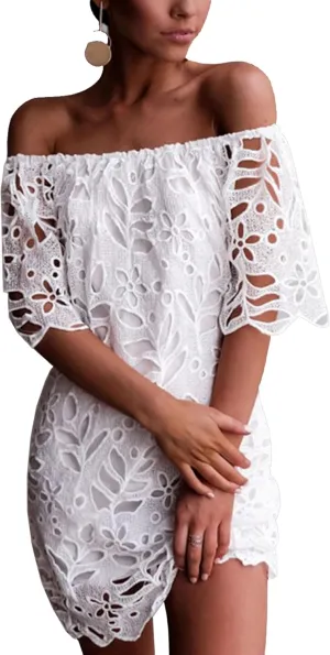 PRETTYGARDEN Women's Summer Off Shoulder Dresses Floral Lace Flare Short Sleeve Spring Vintage Elegant Mini Dress
