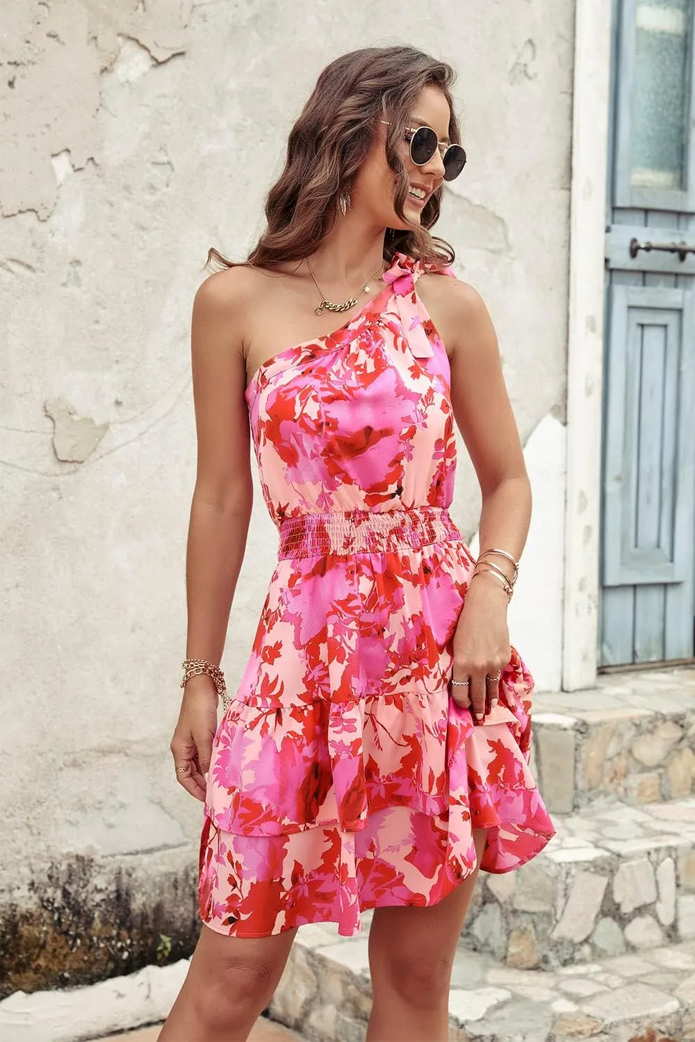 PRETTYGARDEN Women's Summer Tie One Shoulder Boho Floral Dress Elastic Waist Tiered Ruffle A Line Flowy Mini Dresses