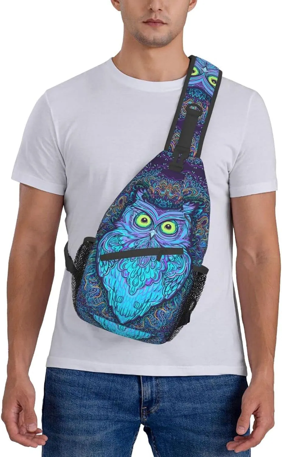 Psychedelic Owl Sling Bag Crossbody Backpack For Women Men Hiking Travel Over The Shoulder Bag Pouch Small Daypack Casual One Strap Pack Lightweight Cross Chest Bag Purse Outdoor Cycling