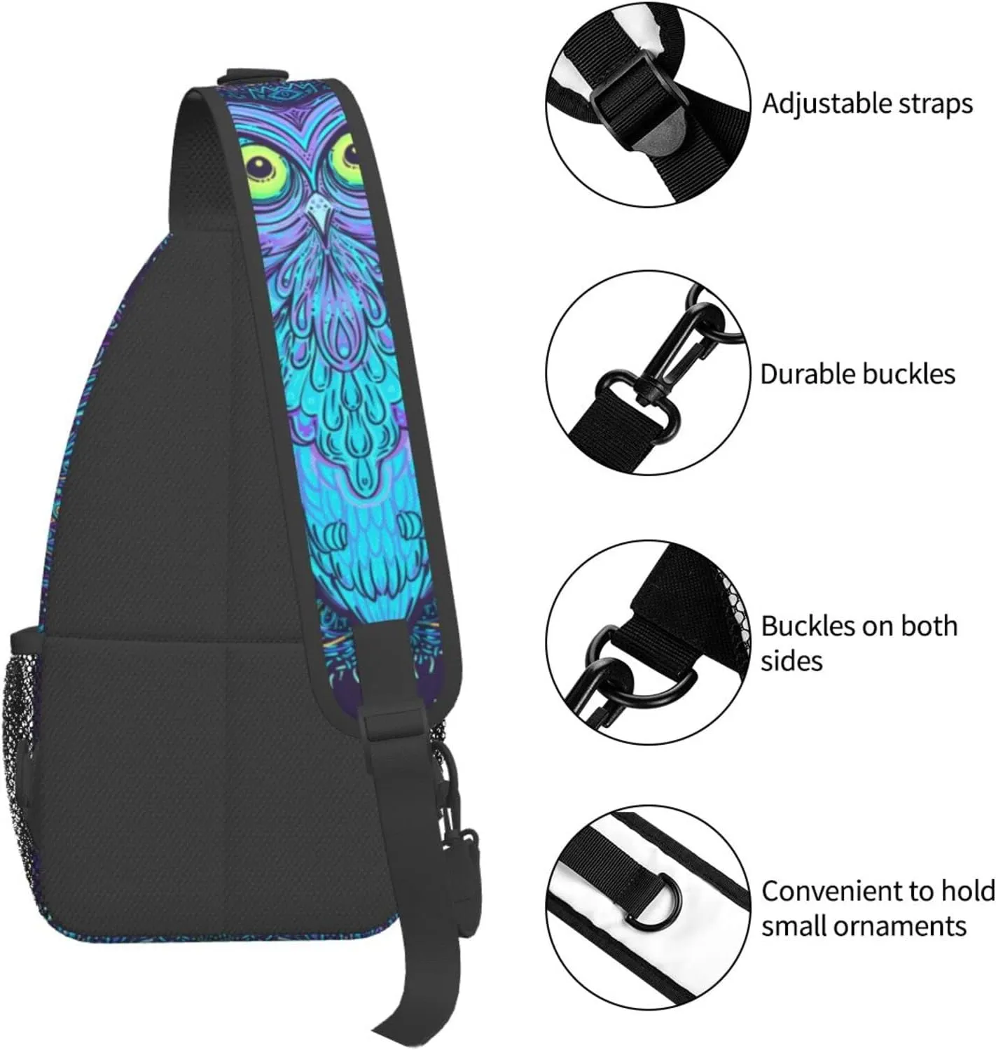 Psychedelic Owl Sling Bag Crossbody Backpack For Women Men Hiking Travel Over The Shoulder Bag Pouch Small Daypack Casual One Strap Pack Lightweight Cross Chest Bag Purse Outdoor Cycling