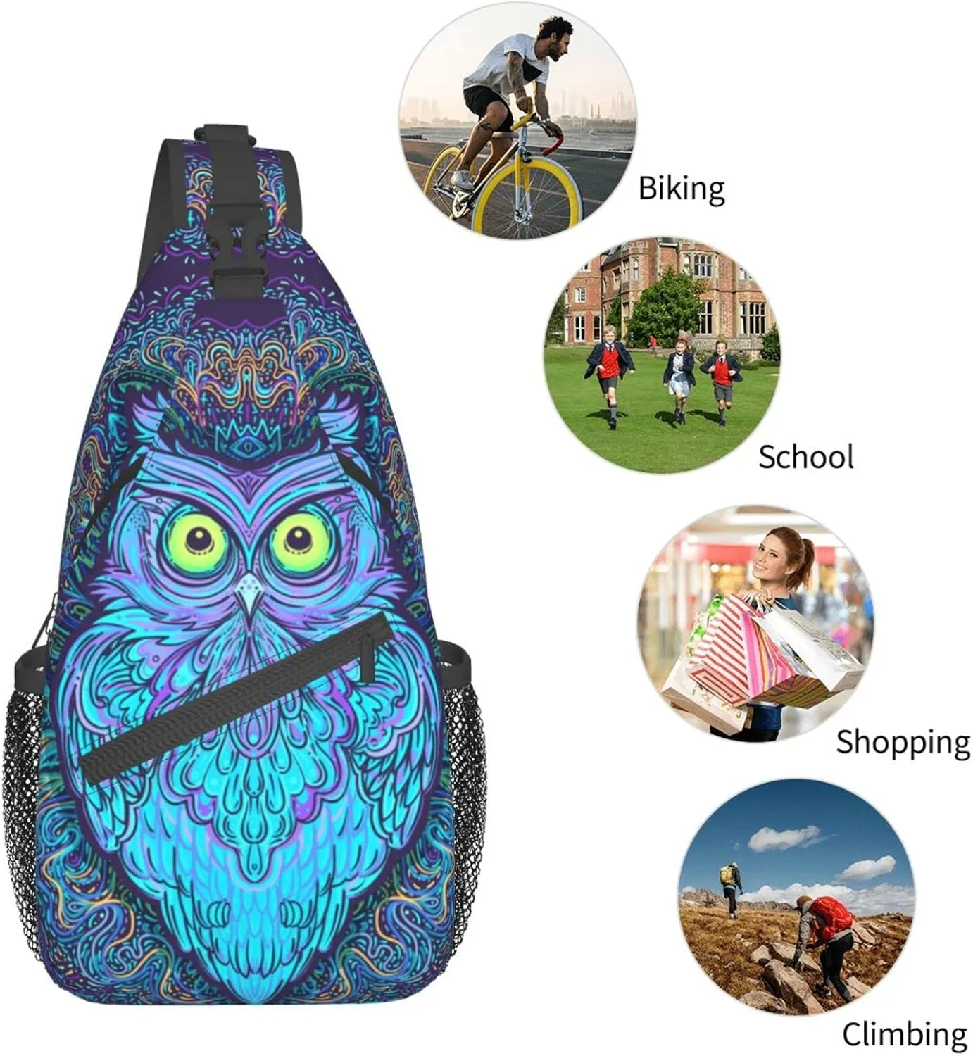 Psychedelic Owl Sling Bag Crossbody Backpack For Women Men Hiking Travel Over The Shoulder Bag Pouch Small Daypack Casual One Strap Pack Lightweight Cross Chest Bag Purse Outdoor Cycling