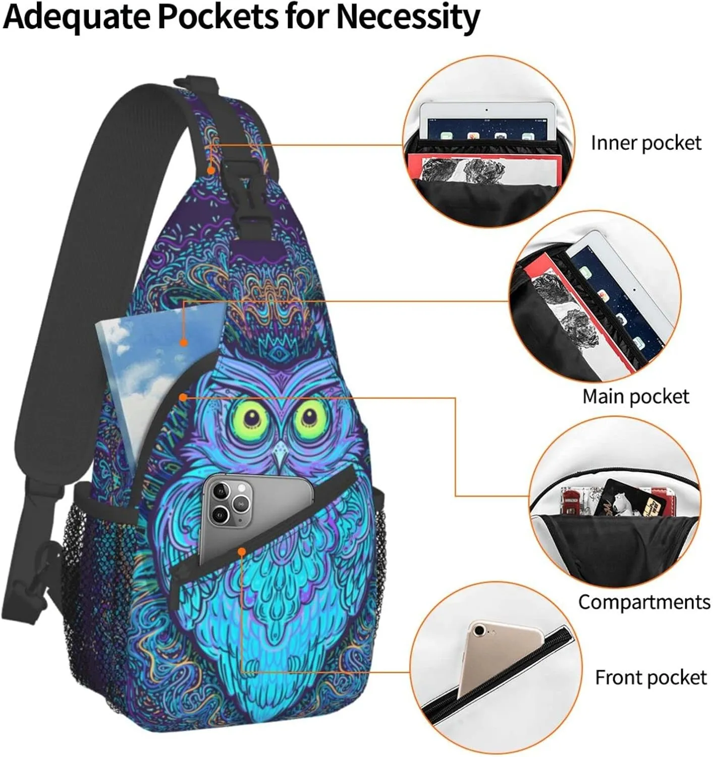 Psychedelic Owl Sling Bag Crossbody Backpack For Women Men Hiking Travel Over The Shoulder Bag Pouch Small Daypack Casual One Strap Pack Lightweight Cross Chest Bag Purse Outdoor Cycling