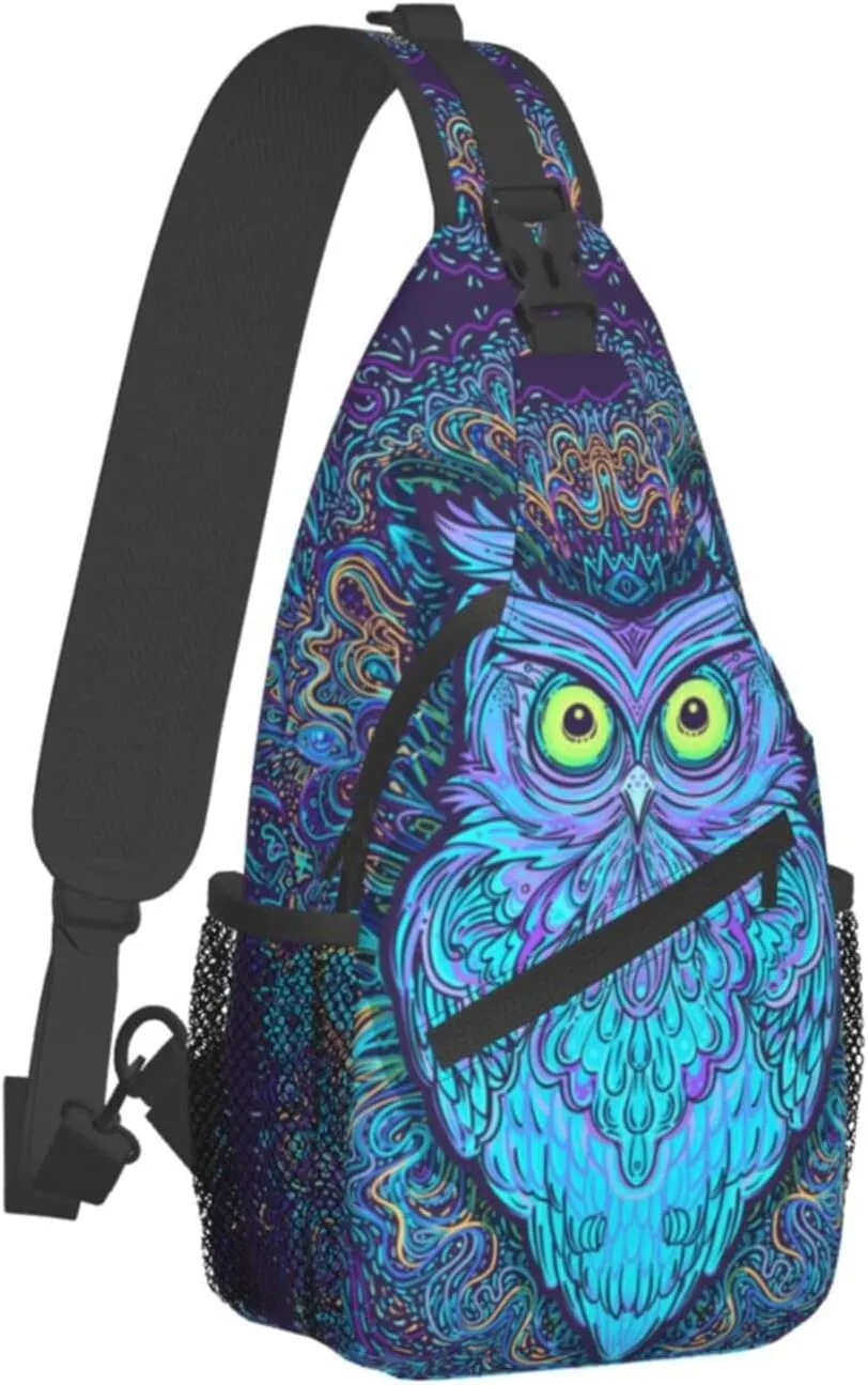 Psychedelic Owl Sling Bag Crossbody Backpack For Women Men Hiking Travel Over The Shoulder Bag Pouch Small Daypack Casual One Strap Pack Lightweight Cross Chest Bag Purse Outdoor Cycling