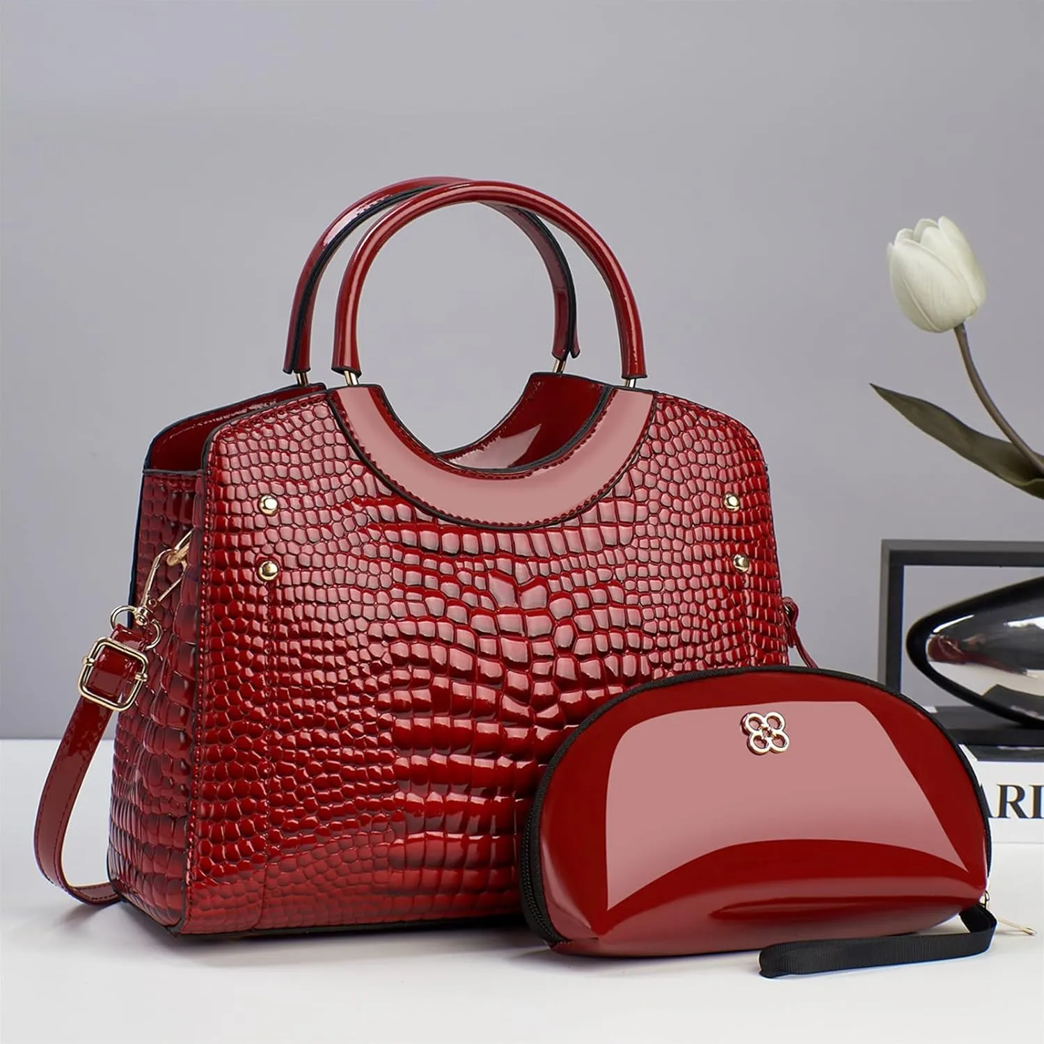 PU Leather Handbag for Women Crocodile Embossed Shoulder Bag Waterproof Crossbody Bag Large Messenger Bag