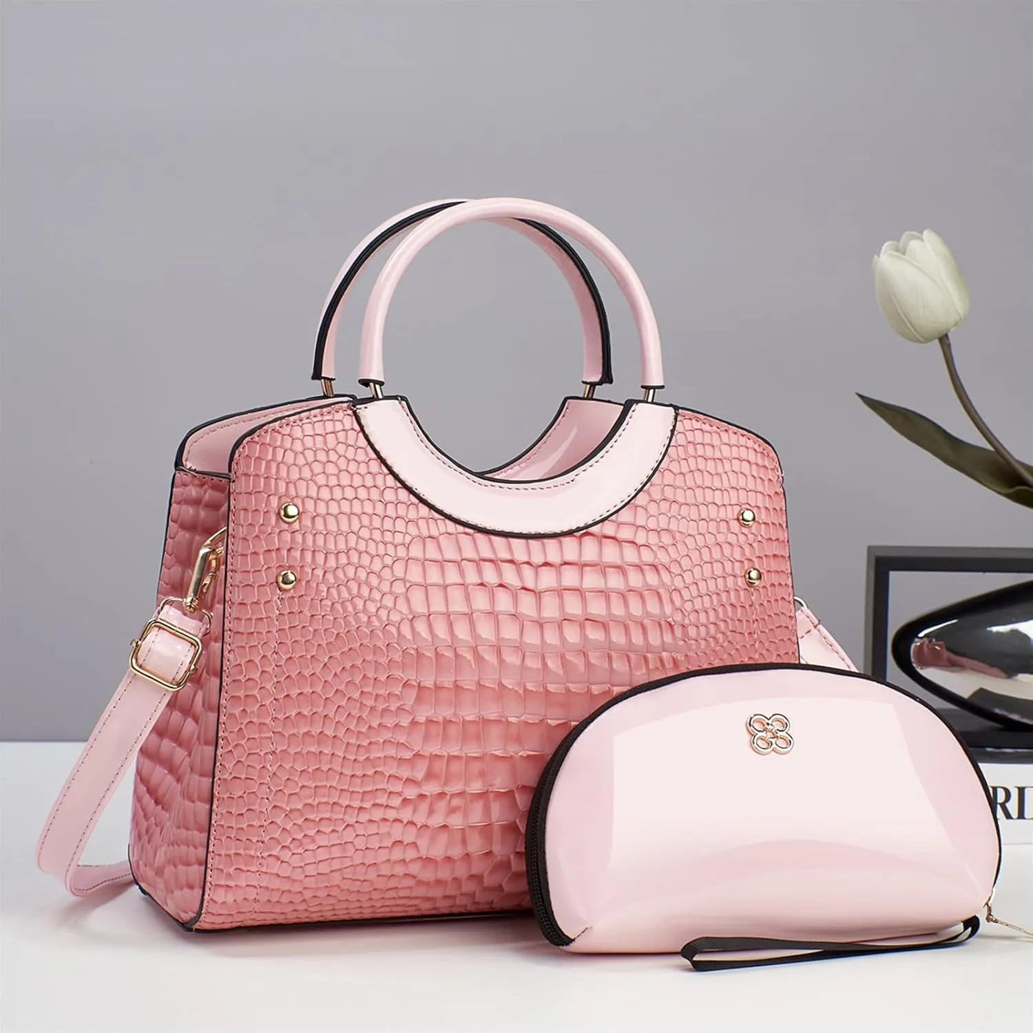 PU Leather Handbag for Women Crocodile Embossed Shoulder Bag Waterproof Crossbody Bag Large Messenger Bag