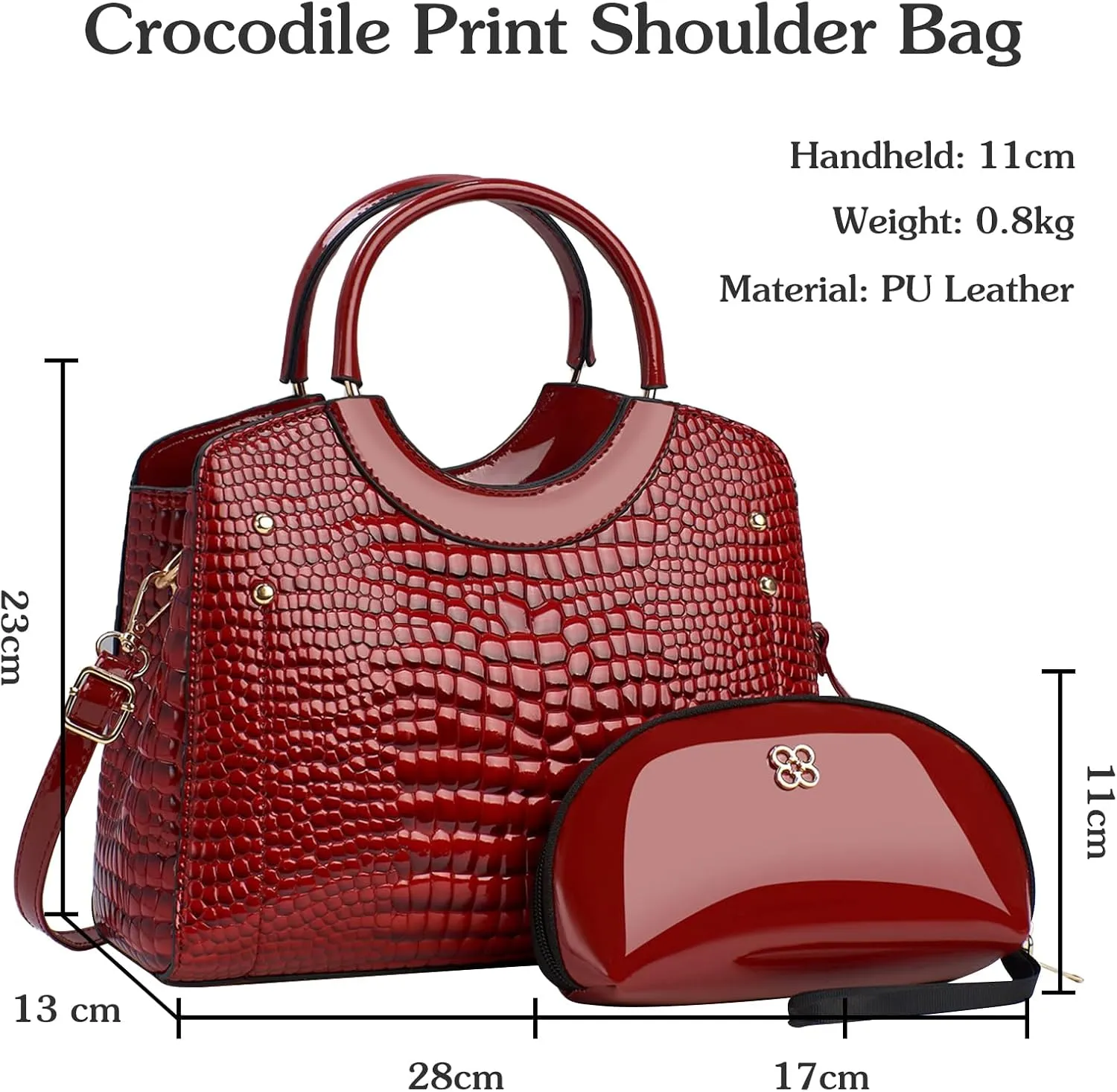 PU Leather Handbag for Women Crocodile Embossed Shoulder Bag Waterproof Crossbody Bag Large Messenger Bag
