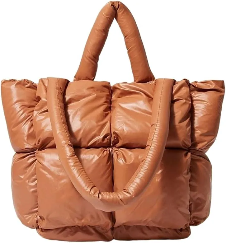 Puffer Tote Bag, Trendy Luxury Chic Quilted Large Padded Designer Handbags for Women Cotton Winter Soft Shoulder Bag