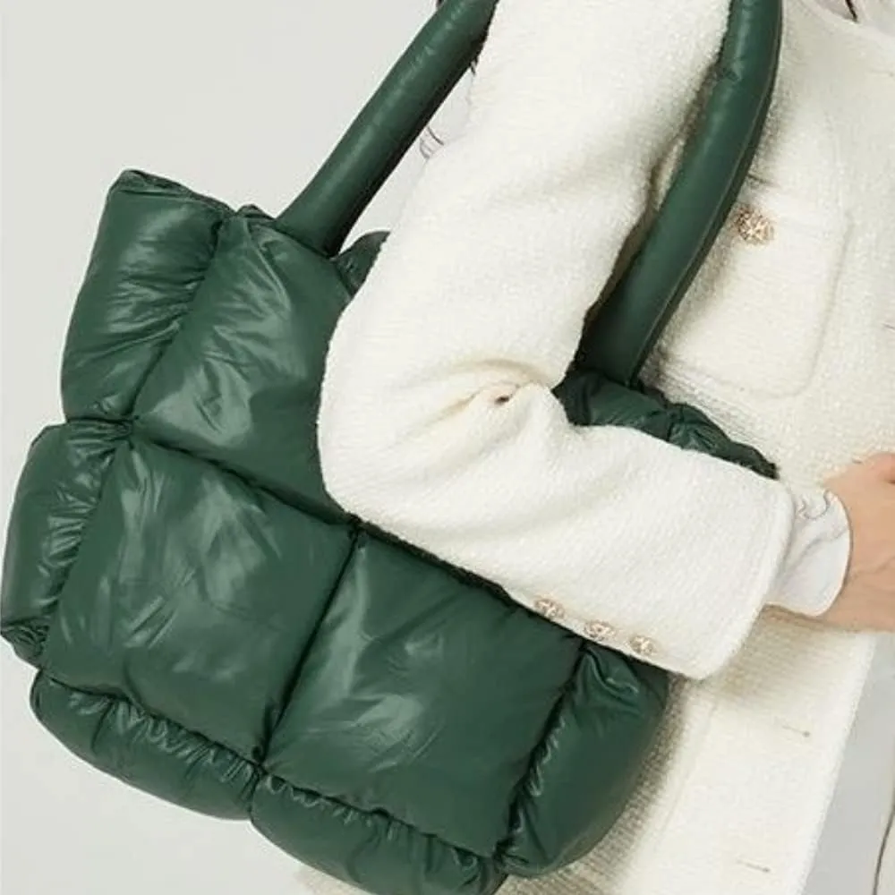 Puffer Tote Bag, Trendy Luxury Chic Quilted Large Padded Designer Handbags for Women Cotton Winter Soft Shoulder Bag
