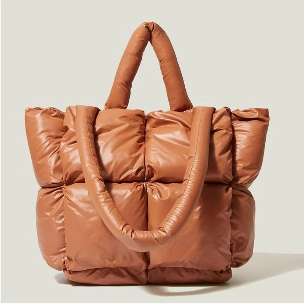 Puffer Tote Bag, Trendy Luxury Chic Quilted Large Padded Designer Handbags for Women Cotton Winter Soft Shoulder Bag