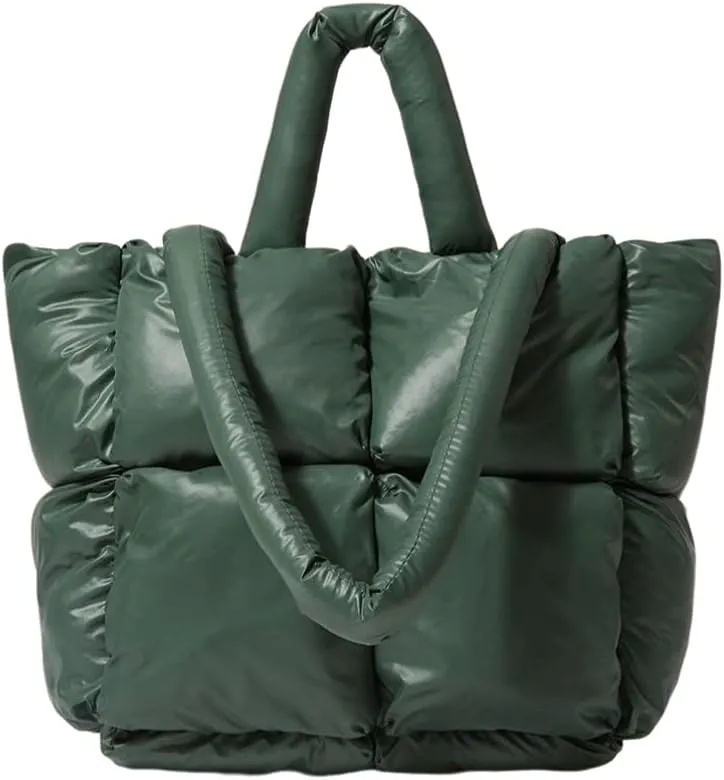 Puffer Tote Bag, Trendy Luxury Chic Quilted Large Padded Designer Handbags for Women Cotton Winter Soft Shoulder Bag