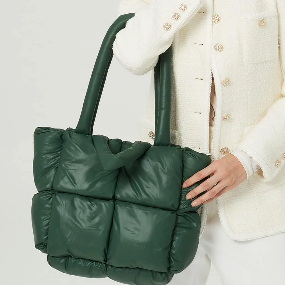 Puffer Tote Bag, Trendy Luxury Chic Quilted Large Padded Designer Handbags for Women Cotton Winter Soft Shoulder Bag