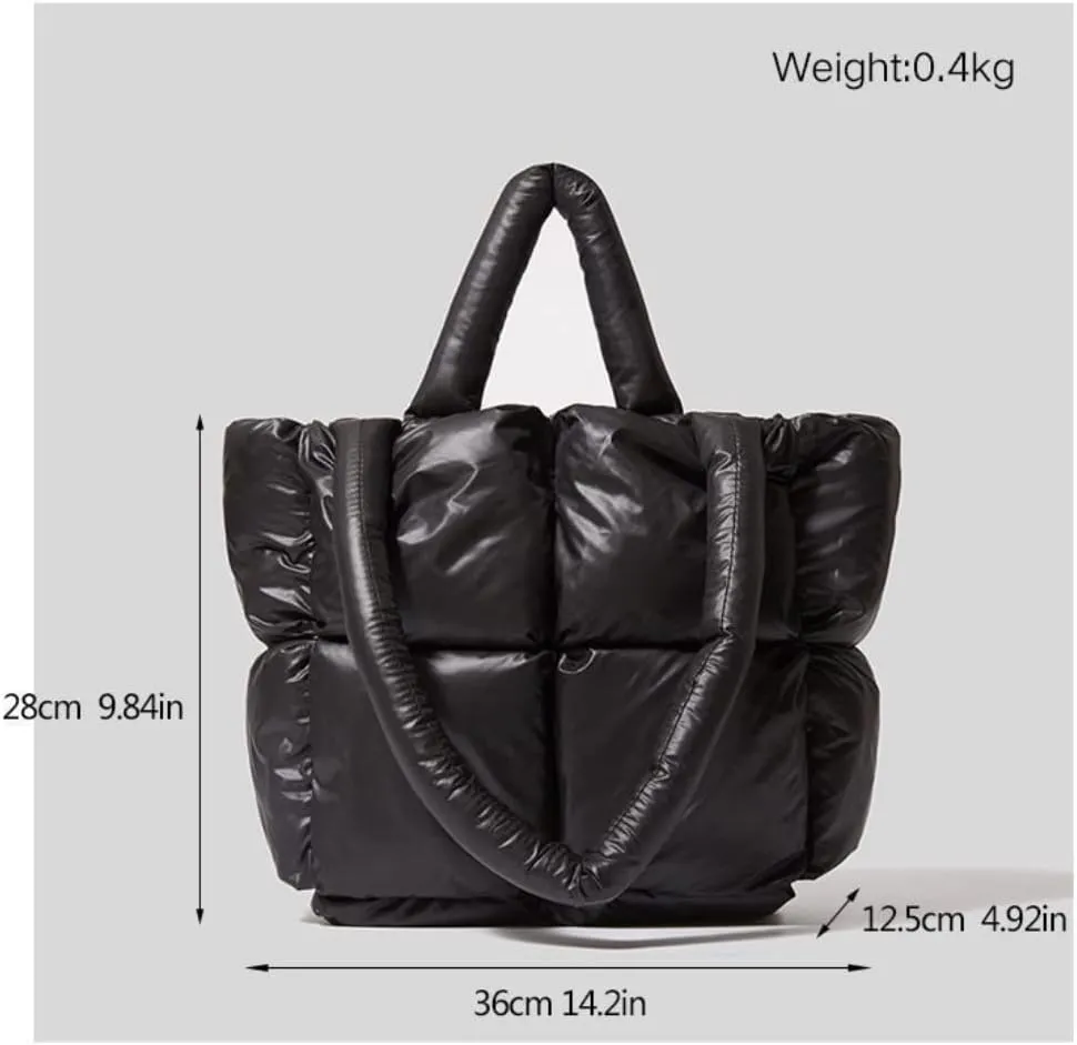 Puffer Tote Bag, Trendy Luxury Chic Quilted Large Padded Designer Handbags for Women Cotton Winter Soft Shoulder Bag