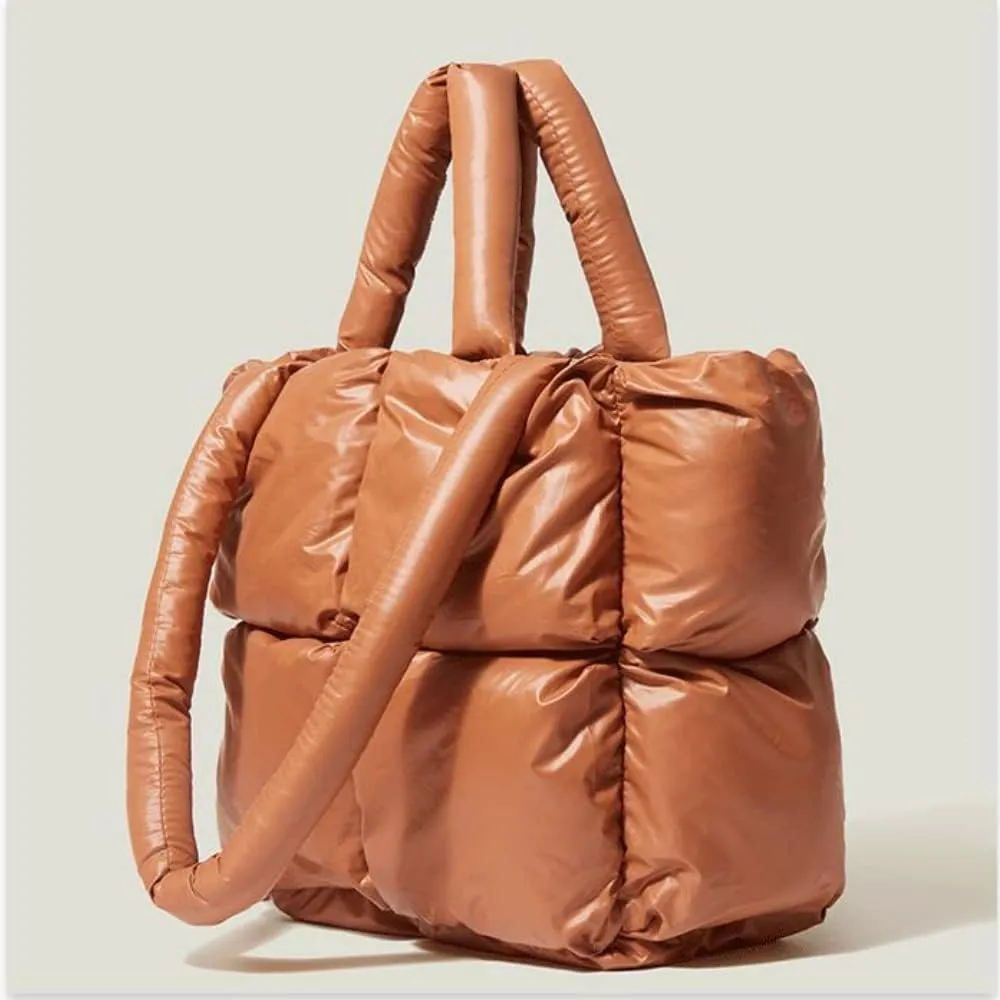 Puffer Tote Bag, Trendy Luxury Chic Quilted Large Padded Designer Handbags for Women Cotton Winter Soft Shoulder Bag
