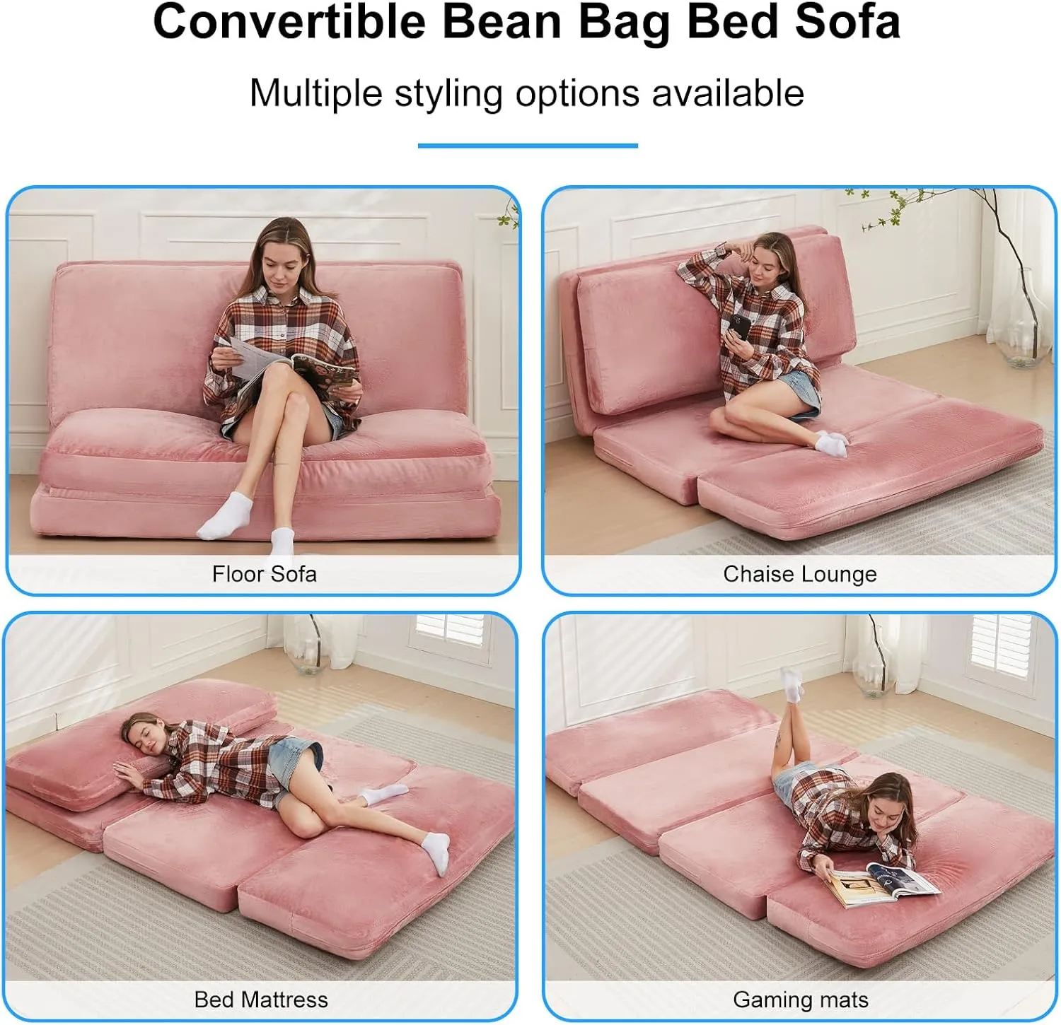 PUREMIND Single Size Bean Bag Bed Floor Chair- Extra Thick Folding Mattress Chair for Adults, Floor Lounger Pillow Cushion with Removable Faux Fur Cover, Lazy Chairs for Living Room & Bedroom