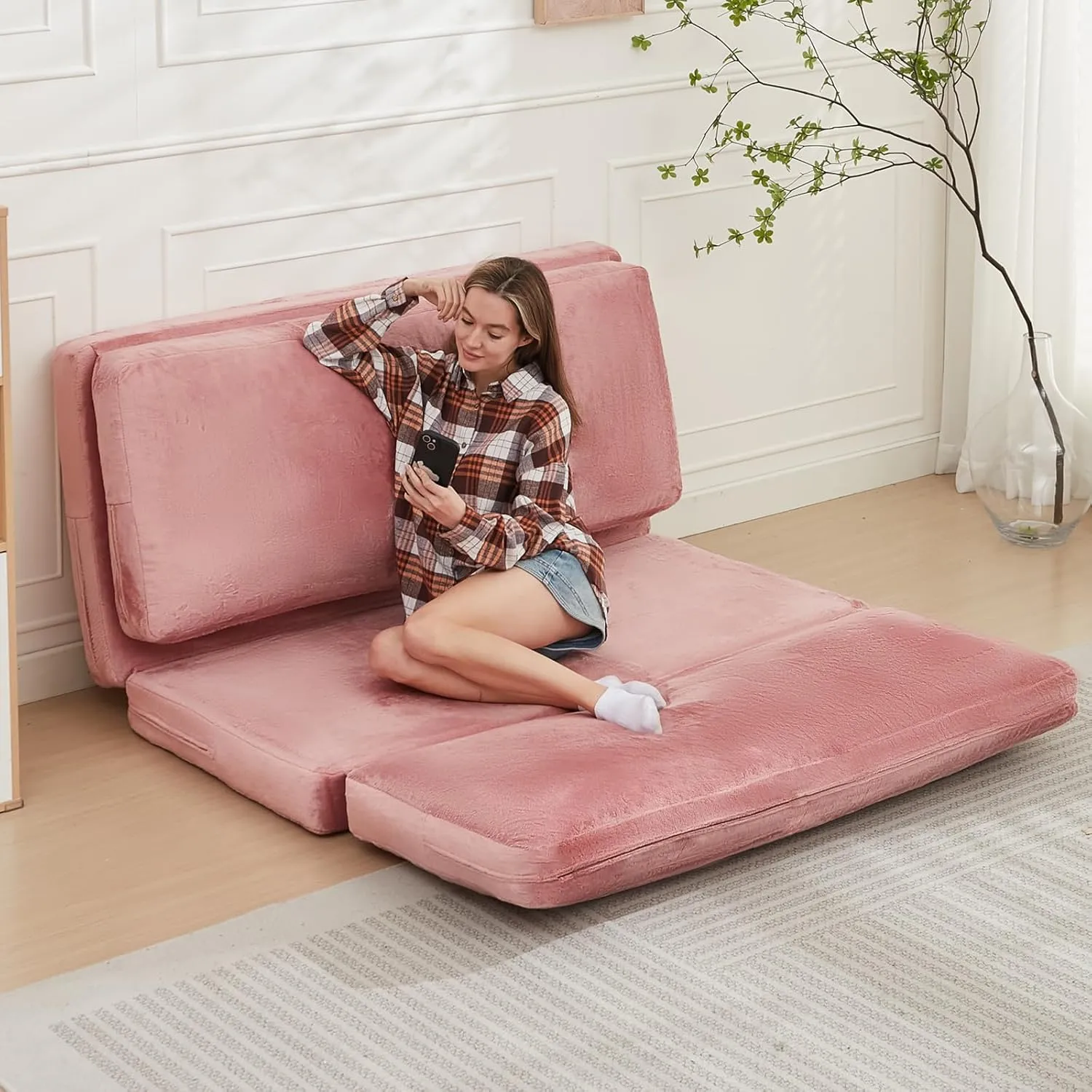 PUREMIND Single Size Bean Bag Bed Floor Chair- Extra Thick Folding Mattress Chair for Adults, Floor Lounger Pillow Cushion with Removable Faux Fur Cover, Lazy Chairs for Living Room & Bedroom