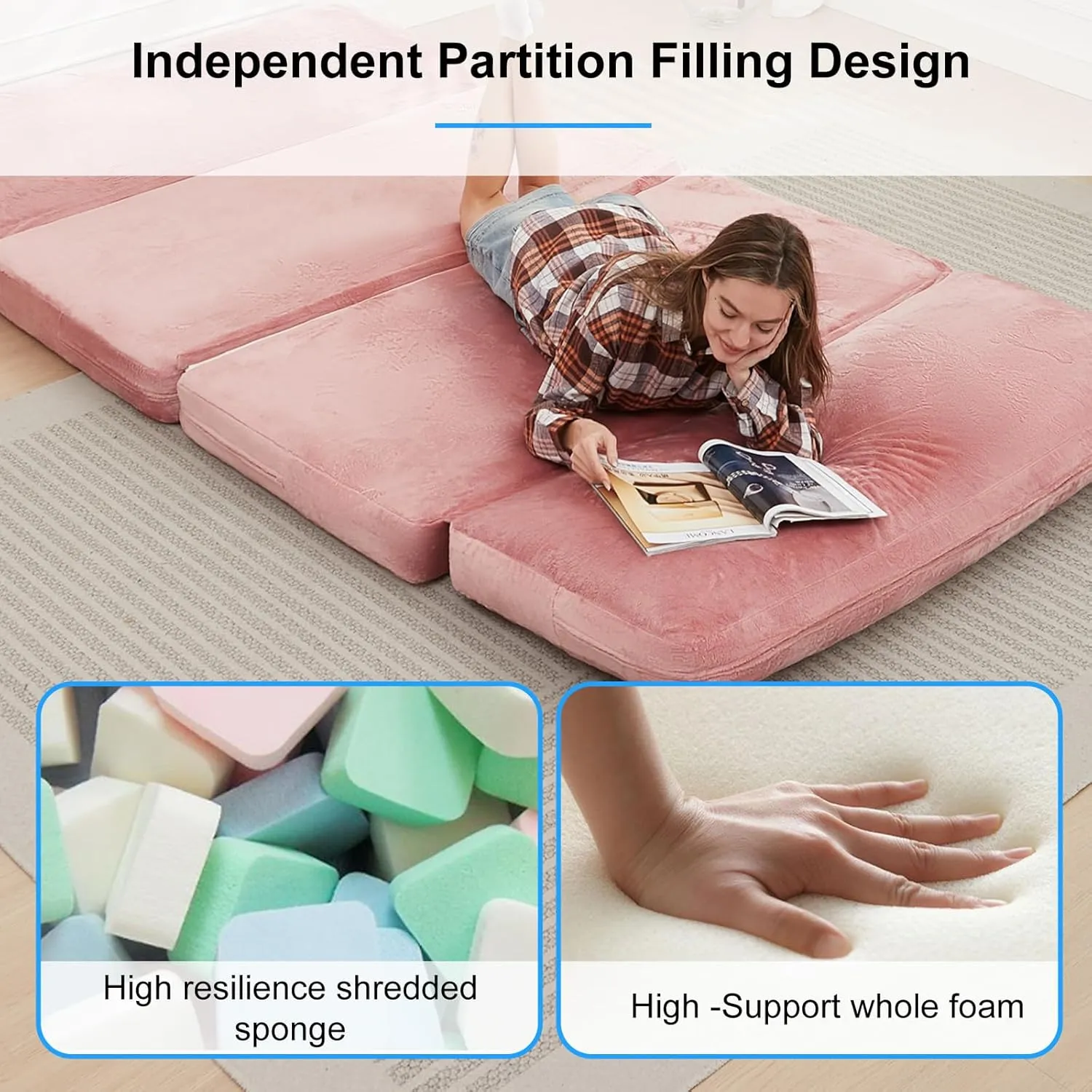 PUREMIND Single Size Bean Bag Bed Floor Chair- Extra Thick Folding Mattress Chair for Adults, Floor Lounger Pillow Cushion with Removable Faux Fur Cover, Lazy Chairs for Living Room & Bedroom