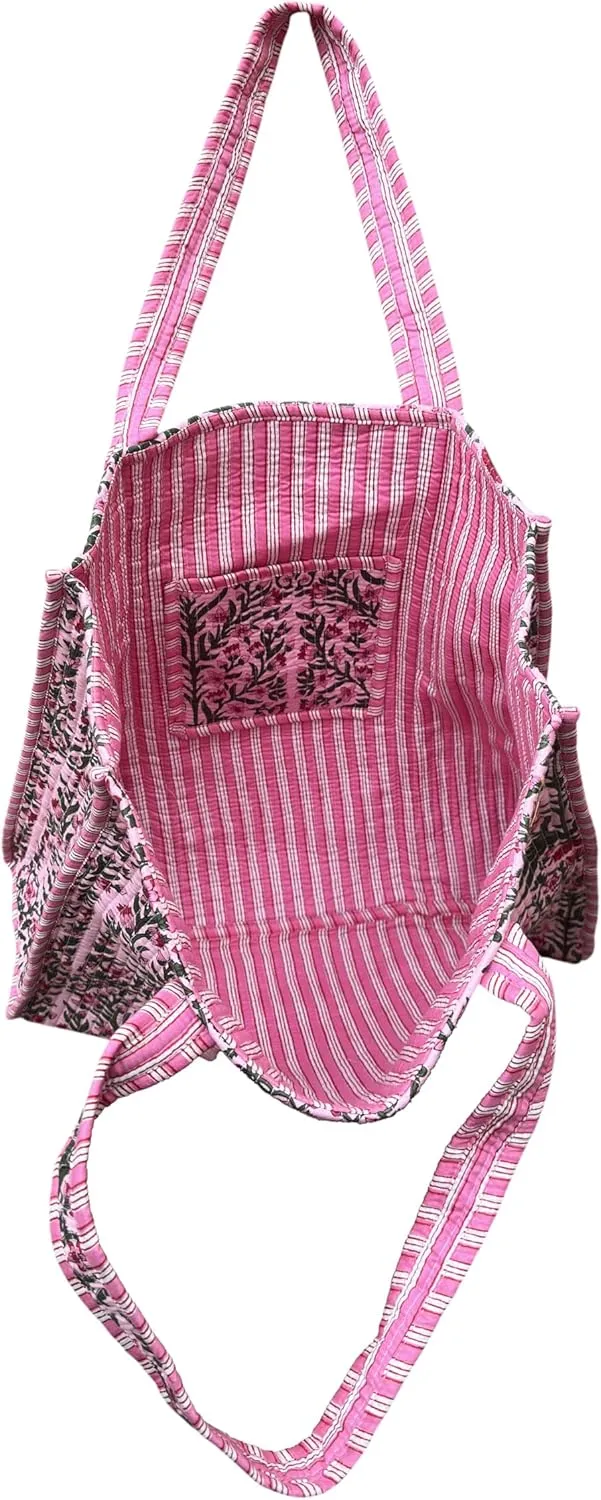 Quilted Cotton Hand printed Reversible Large multicolor cotton Tote Bag,Indian Handmade Block Printed Tote Bag Women Handbag