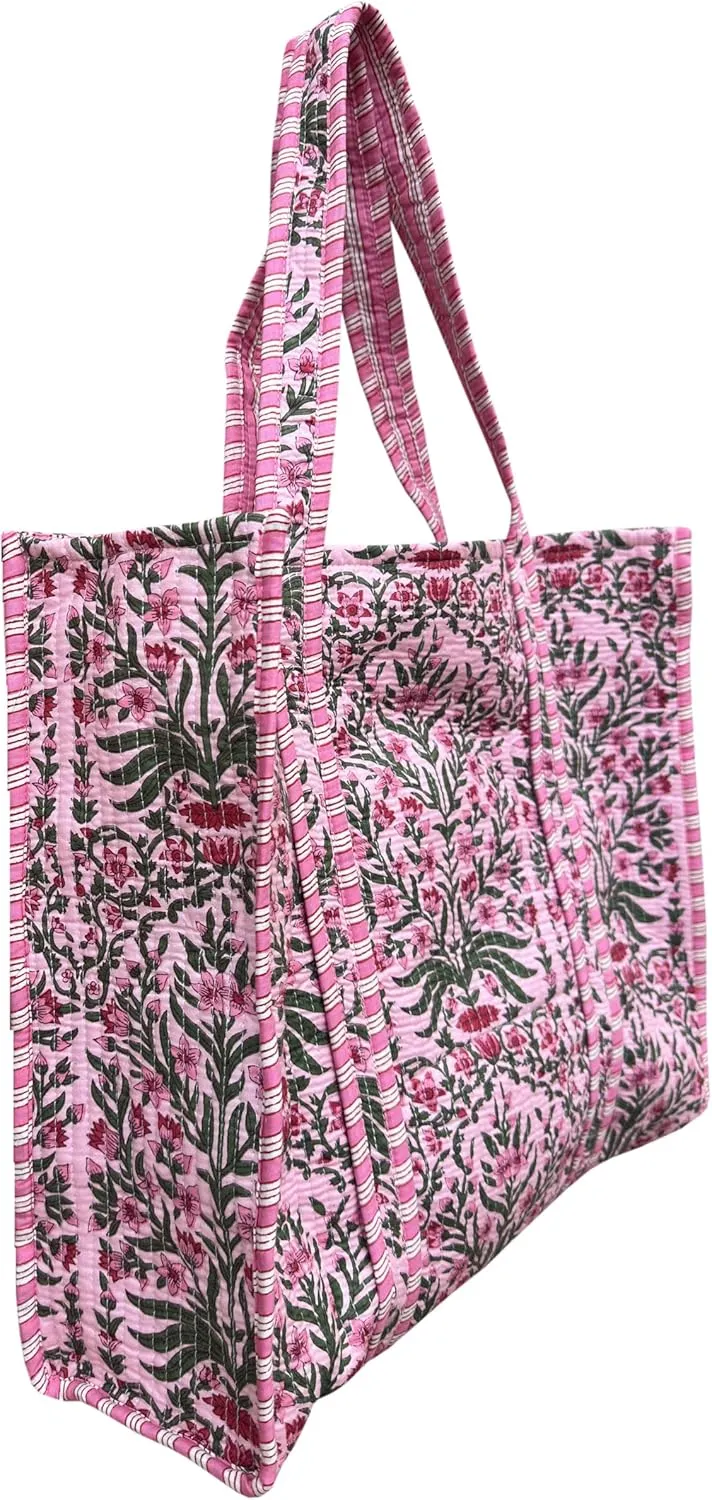 Quilted Cotton Hand printed Reversible Large multicolor cotton Tote Bag,Indian Handmade Block Printed Tote Bag Women Handbag