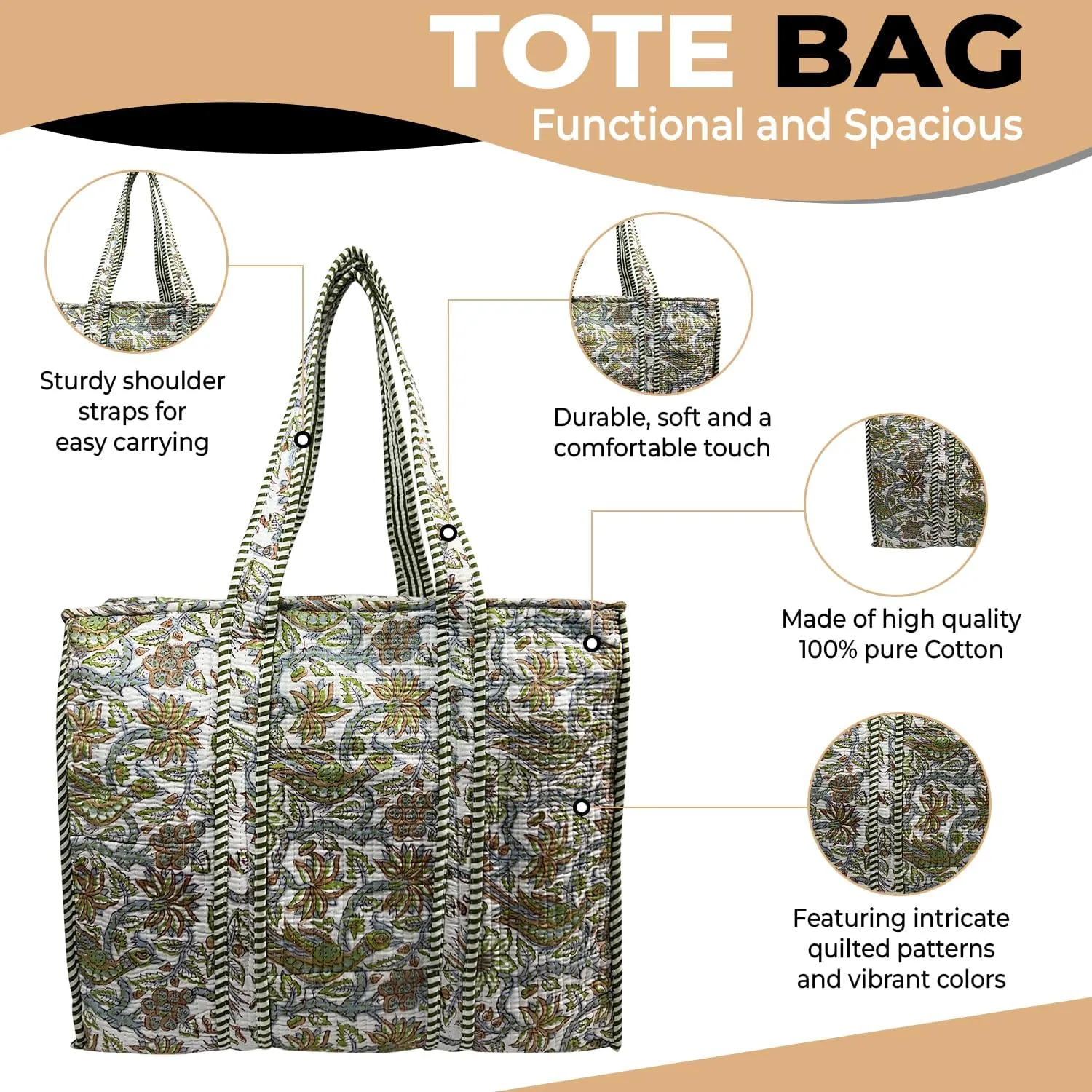 Quilted Cotton Tote Bag - Lightweight Handcrafted Shoulder Bag with Pockets for Gym, Travel, Work - Versatile Beach Bag