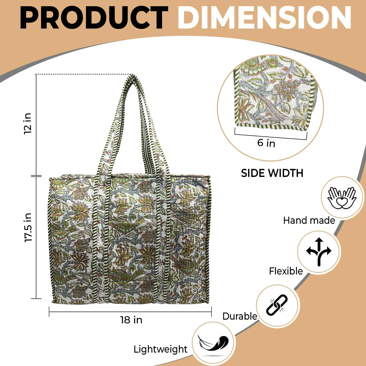 Quilted Cotton Tote Bag - Lightweight Handcrafted Shoulder Bag with Pockets for Gym, Travel, Work - Versatile Beach Bag