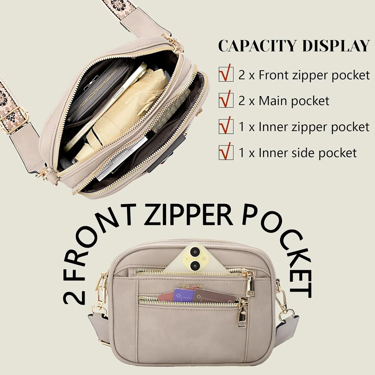 Quilted Crossbody Bags For Women Vegan Leather Small Purses Wide Strap Medium Lightweight Shoulder Handbags