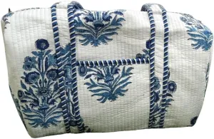 Quilted Duffel Bag with Blue Floral Pattern, White Cotton, Striped Trim Block Printed Waffle Cosmetic Bag For Your Everyday Essentials