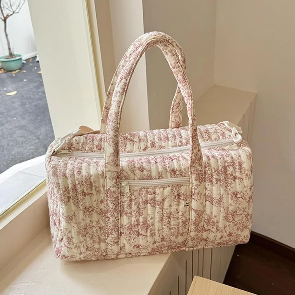 Quilted Duffle Bag For Women Cute Weekender Bag Floral Travel Bag Aesthetic Puffer Duffle Bag Cotton Diaper Tote Bag