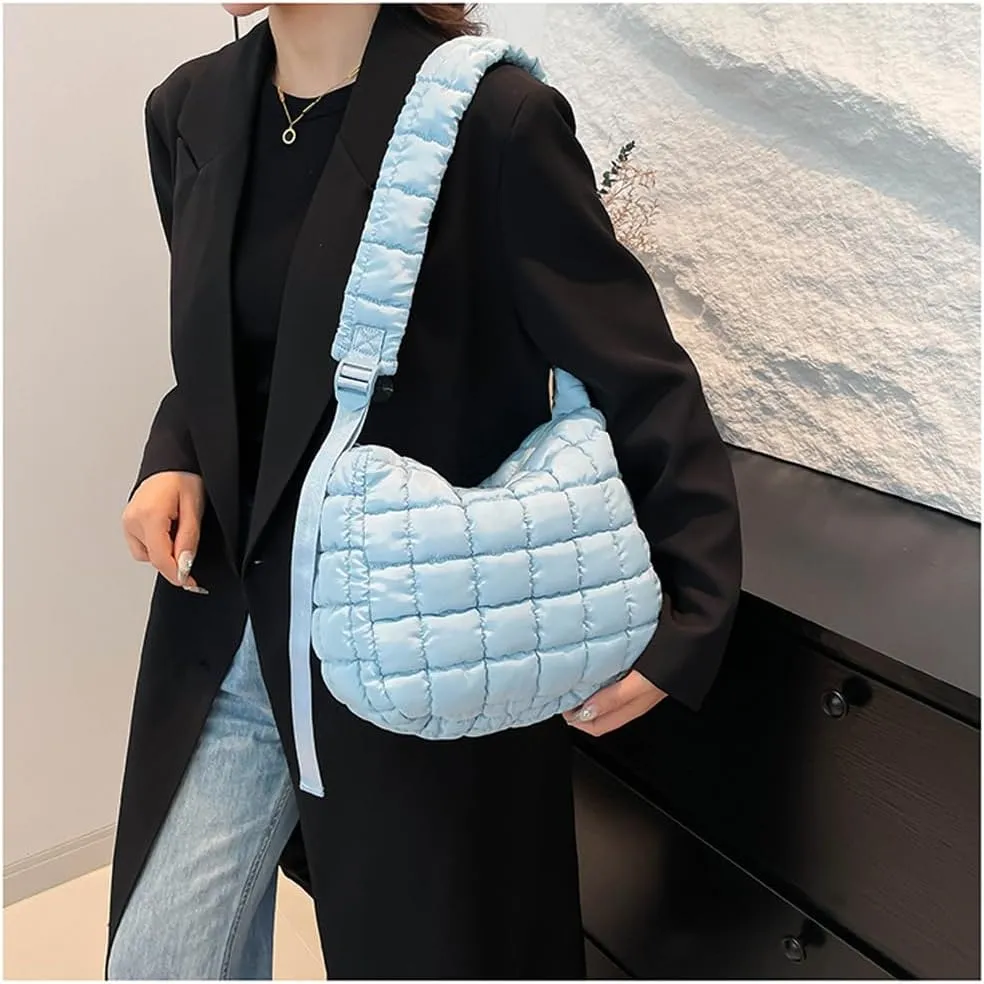 Quilted Puffer Crossbody Bag for Women, Lightweight Nylon Shoulder Bag with Adjustable Strap & Zippered Pockets, Medium