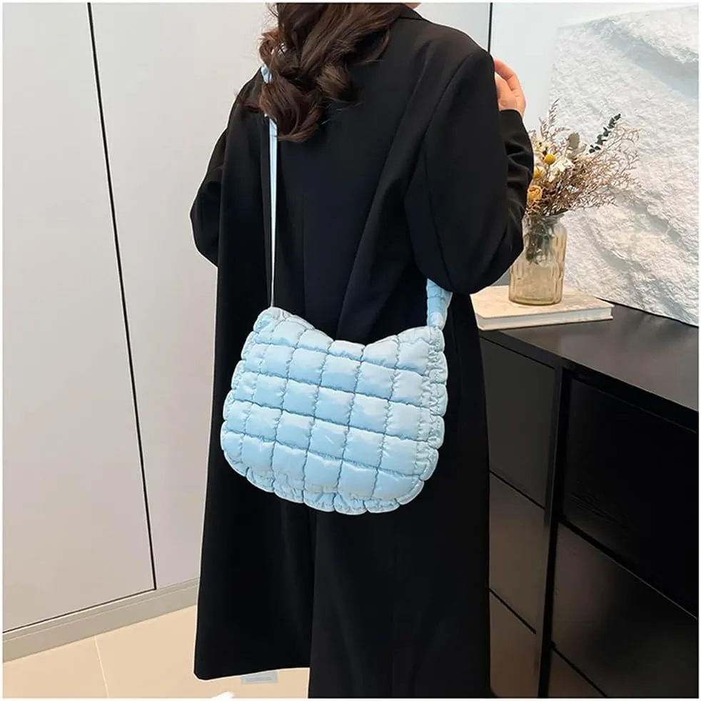 Quilted Puffer Crossbody Bag for Women, Lightweight Nylon Shoulder Bag with Adjustable Strap & Zippered Pockets, Medium