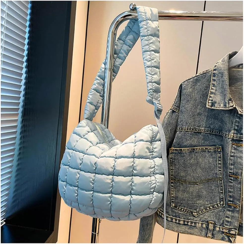Quilted Puffer Crossbody Bag for Women, Lightweight Nylon Shoulder Bag with Adjustable Strap & Zippered Pockets, Medium
