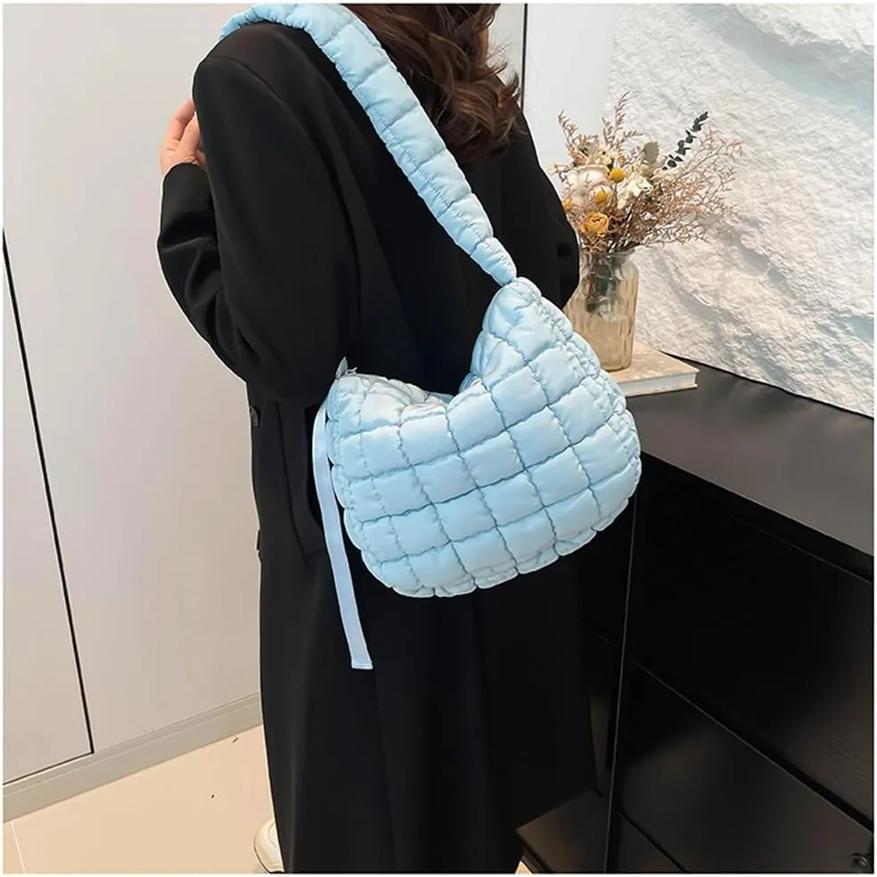 Quilted Puffer Crossbody Bag for Women, Lightweight Nylon Shoulder Bag with Adjustable Strap & Zippered Pockets, Medium