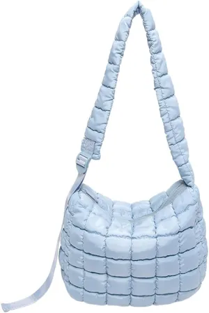 Quilted Puffer Crossbody Bag for Women, Lightweight Nylon Shoulder Bag with Adjustable Strap & Zippered Pockets, Medium