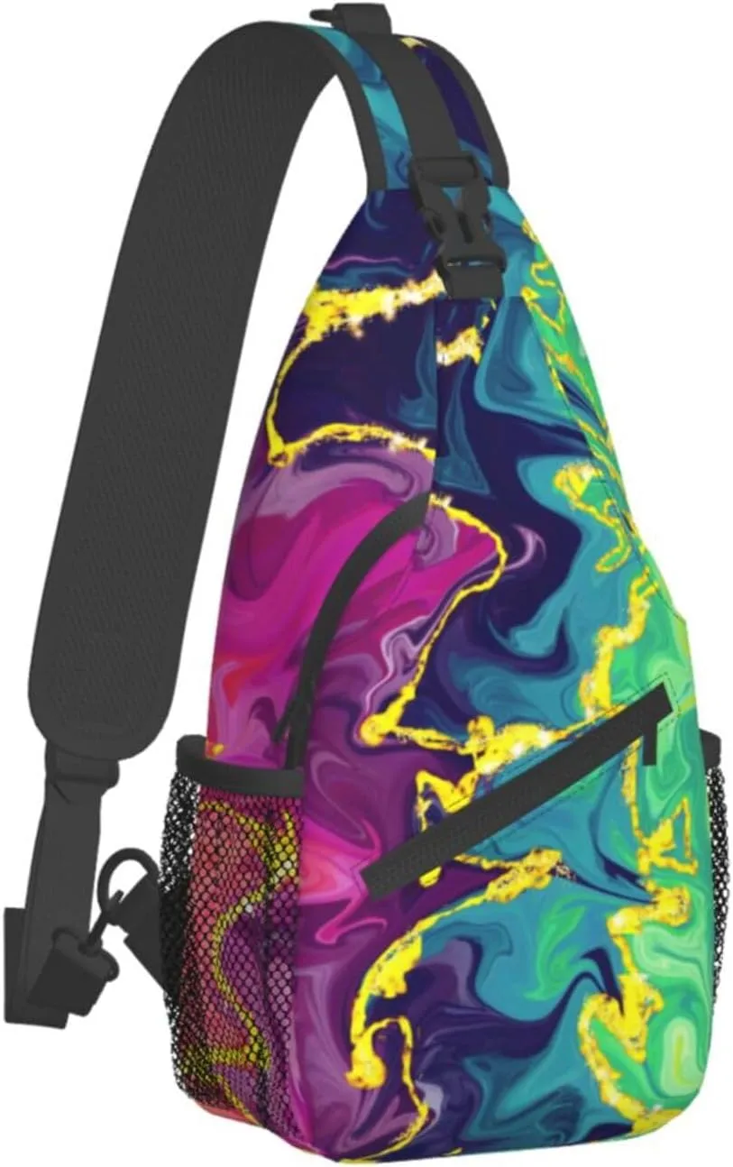 Rainbow Abstract Liquid Luxury Marble Sling Bag for Women Men's Crossbody Backpack Cycling Hiking Daypack Shoulder Chest Bag with Adjustable Strap, Alzslbgcb1109-14