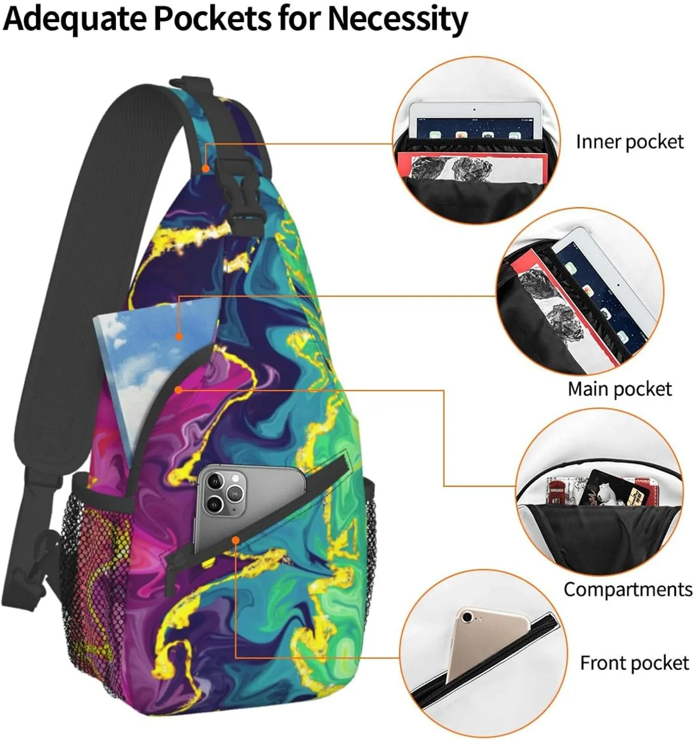 Rainbow Abstract Liquid Luxury Marble Sling Bag for Women Men's Crossbody Backpack Cycling Hiking Daypack Shoulder Chest Bag with Adjustable Strap, Alzslbgcb1109-14