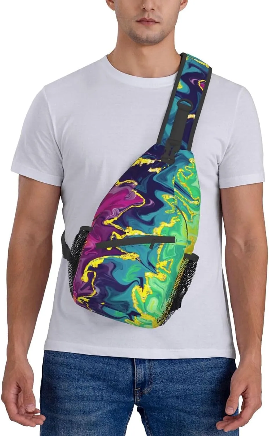 Rainbow Abstract Liquid Luxury Marble Sling Bag for Women Men's Crossbody Backpack Cycling Hiking Daypack Shoulder Chest Bag with Adjustable Strap, Alzslbgcb1109-14