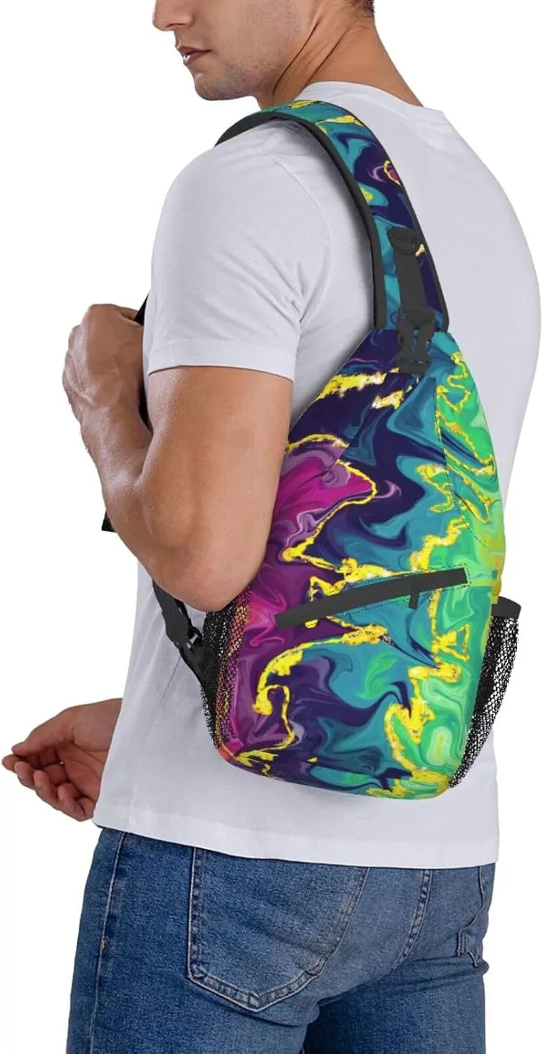 Rainbow Abstract Liquid Luxury Marble Sling Bag for Women Men's Crossbody Backpack Cycling Hiking Daypack Shoulder Chest Bag with Adjustable Strap, Alzslbgcb1109-14