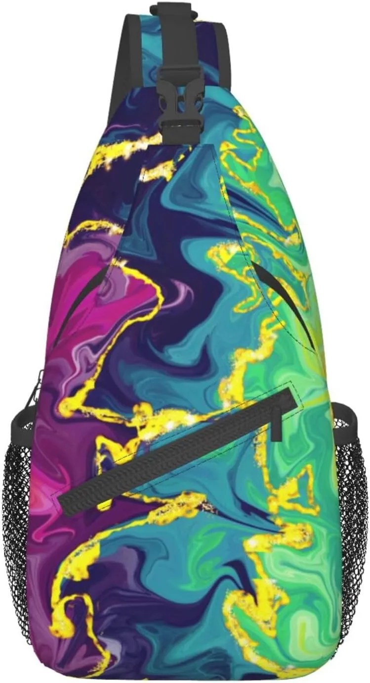 Rainbow Abstract Liquid Luxury Marble Sling Bag for Women Men's Crossbody Backpack Cycling Hiking Daypack Shoulder Chest Bag with Adjustable Strap, Alzslbgcb1109-14