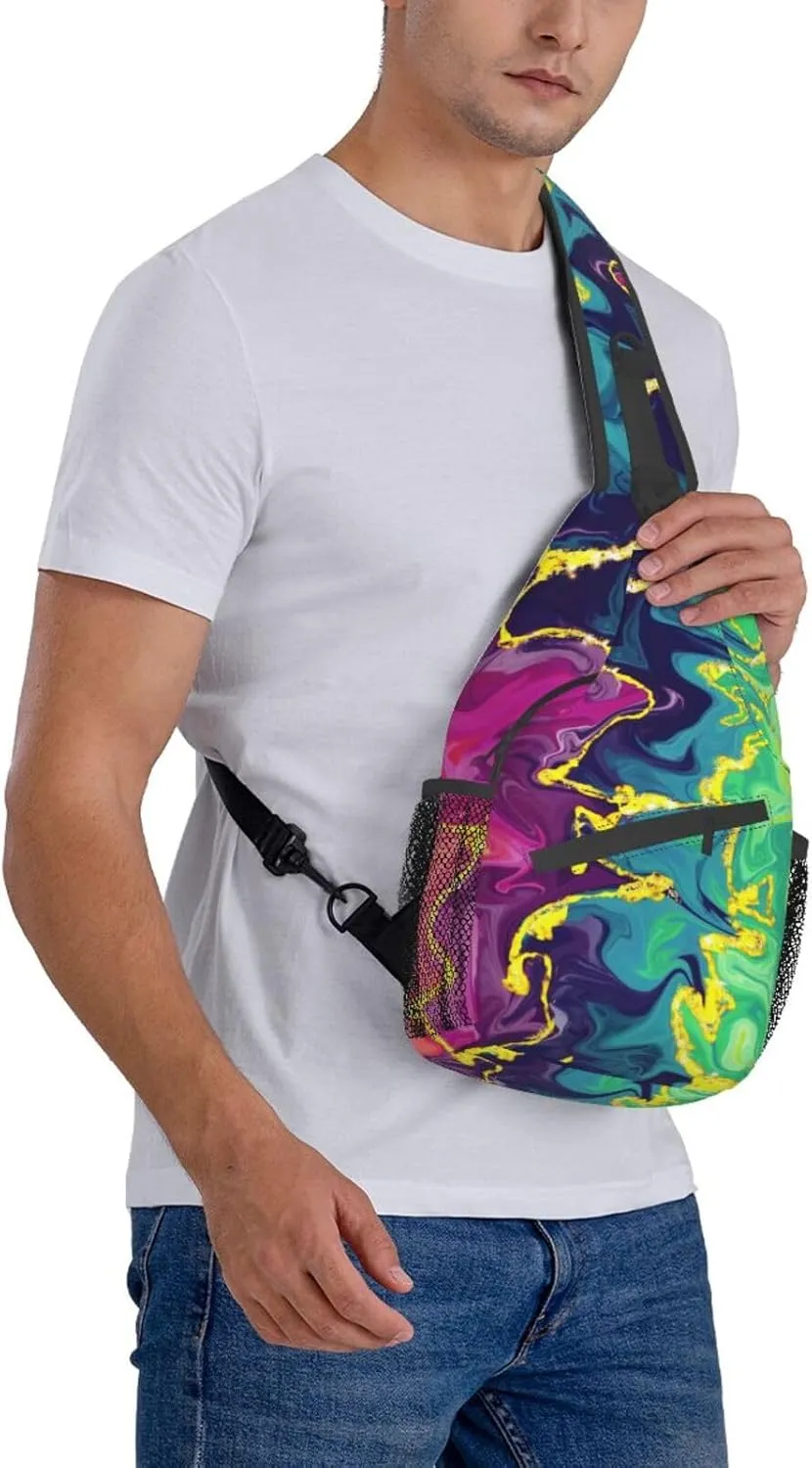 Rainbow Abstract Liquid Luxury Marble Sling Bag for Women Men's Crossbody Backpack Cycling Hiking Daypack Shoulder Chest Bag with Adjustable Strap, Alzslbgcb1109-14