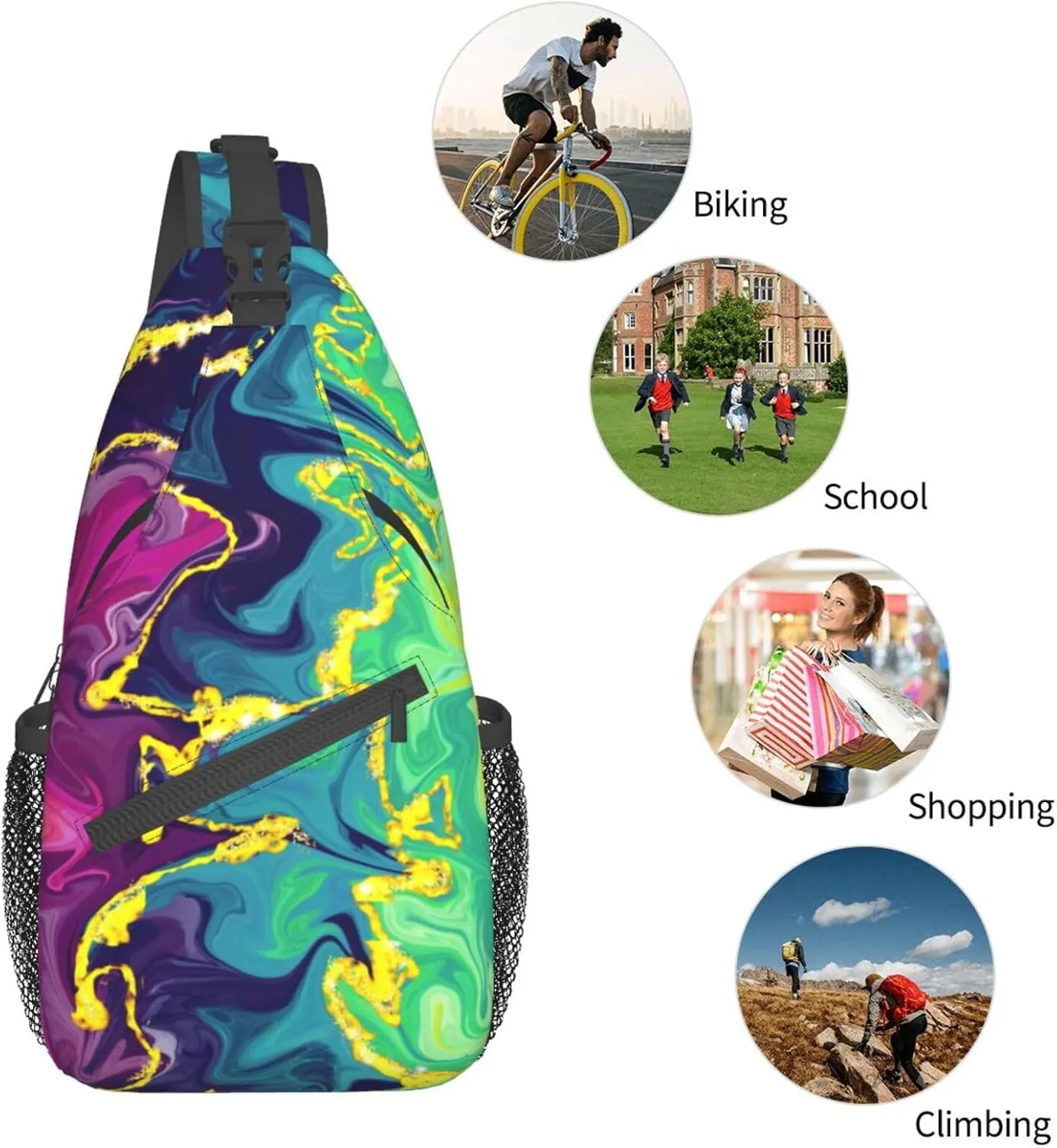 Rainbow Abstract Liquid Luxury Marble Sling Bag for Women Men's Crossbody Backpack Cycling Hiking Daypack Shoulder Chest Bag with Adjustable Strap, Alzslbgcb1109-14